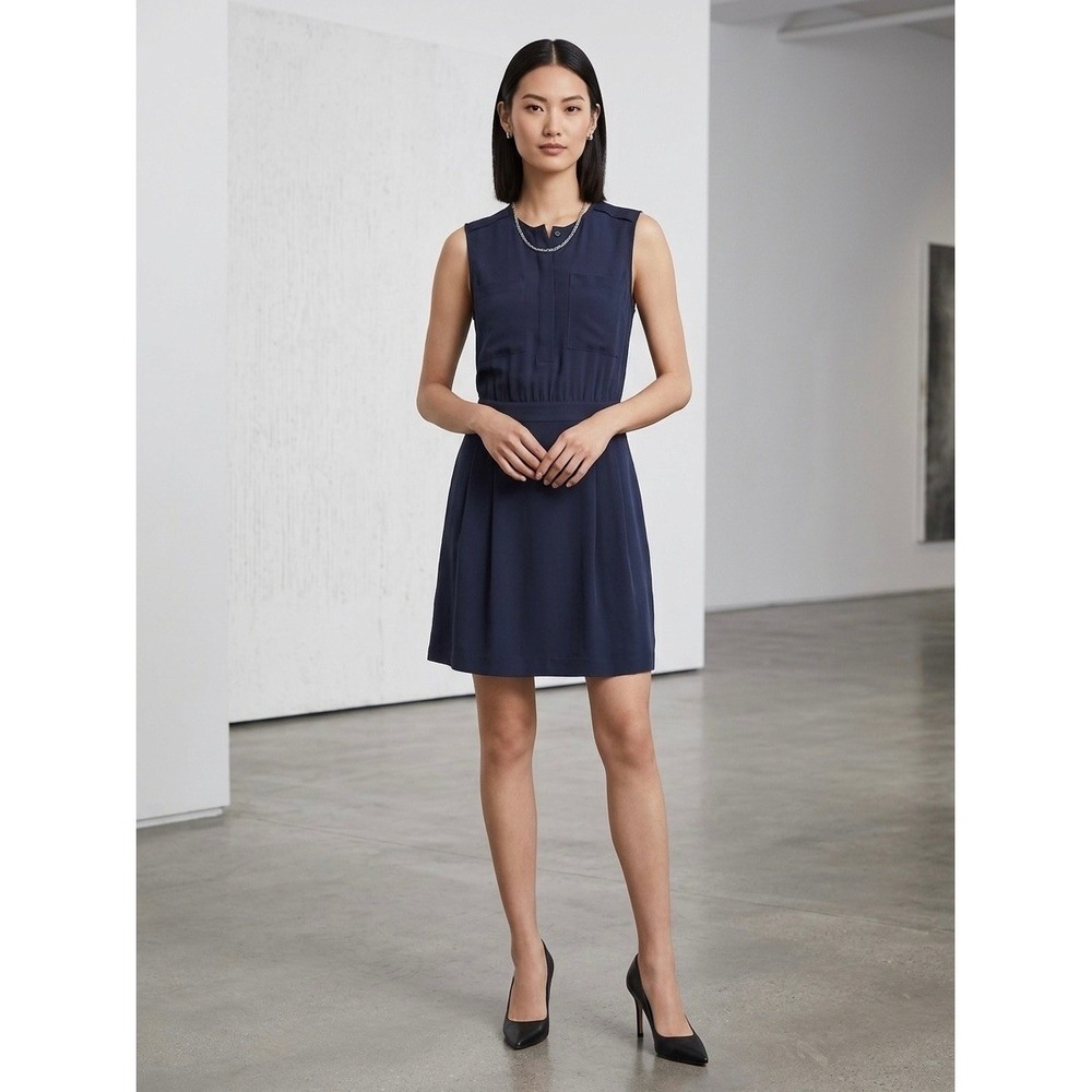 Theory Perla Navy Blue Silk Sleeveless Pleated Mini Dress Size 4 D0302601